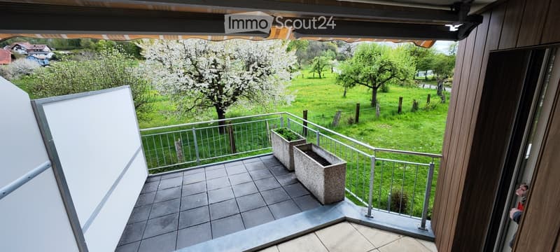 Balcony with tiled floor, metal railing, two large planters, and a scenic view of a green field with trees and blooming flowers.