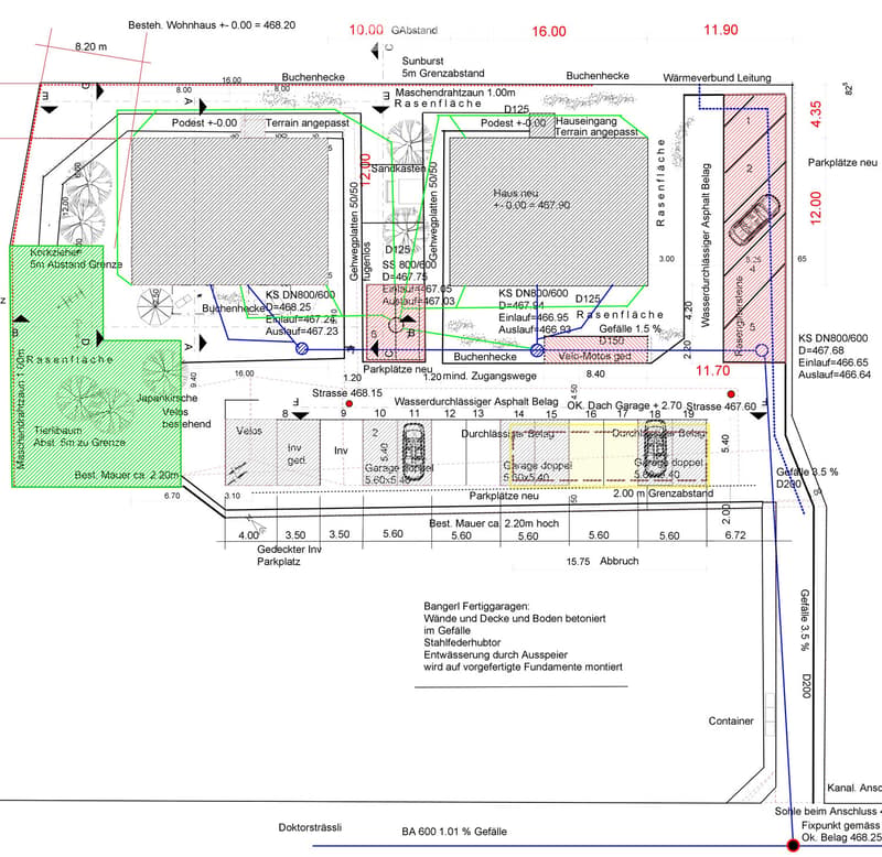 Floor plan showing existing and new residential house, parking spaces, and surrounding terrain with measurements and labels.