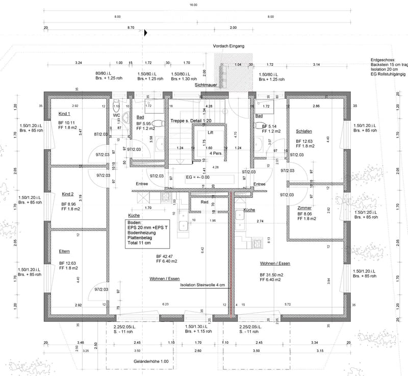 Floor plan of a house with multiple rooms including living/dining area, kitchen, bedrooms, bathrooms, and entrance areas.