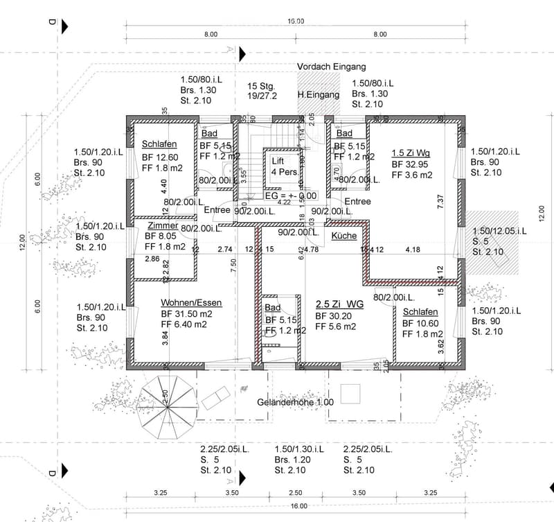 Floor plan of a residential building with labeled rooms including bedrooms, bathrooms, kitchen, living/dining area, entrance, and a lift.
