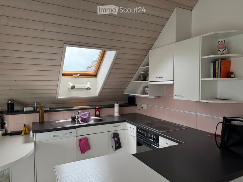 Modern kitchen with white cabinets, black countertops, and a skylight window above the sink. Features include a dishwasher, oven, and various kitchen items on the counters and shelves.