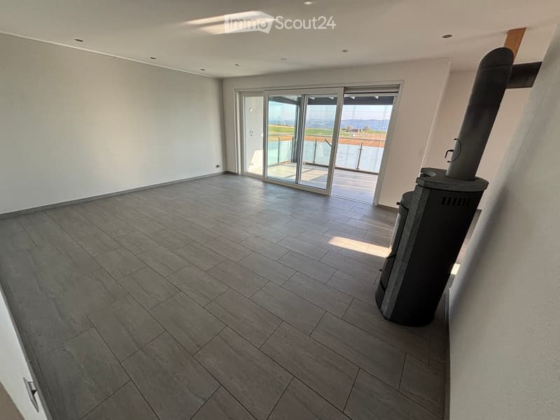 Empty room with grey tiled floor, white walls, large sliding glass doors leading to a balcony, and a modern wood-burning stove.