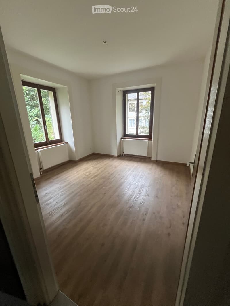 Empty room with wooden flooring, white walls, and two windows with radiators beneath them.