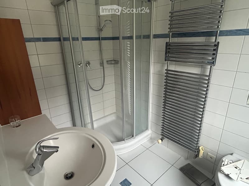 Modern bathroom with a white sink, chrome faucet, glass-enclosed shower, and a tall chrome radiator. The walls are tiled with a blue accent stripe.