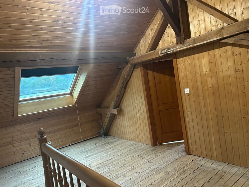 Empty attic space with wooden walls, ceiling beams, and a skylight window. Features a wooden staircase railing and a closed wooden door.