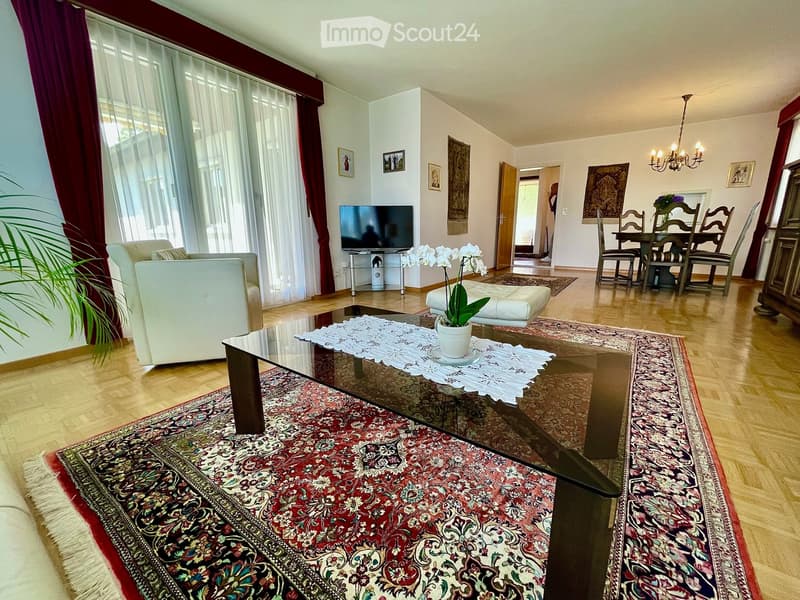 Spacious living and dining area with wooden flooring, large windows, and a mix of modern and traditional decor including a sofa, coffee table, TV, dining table, and chairs.