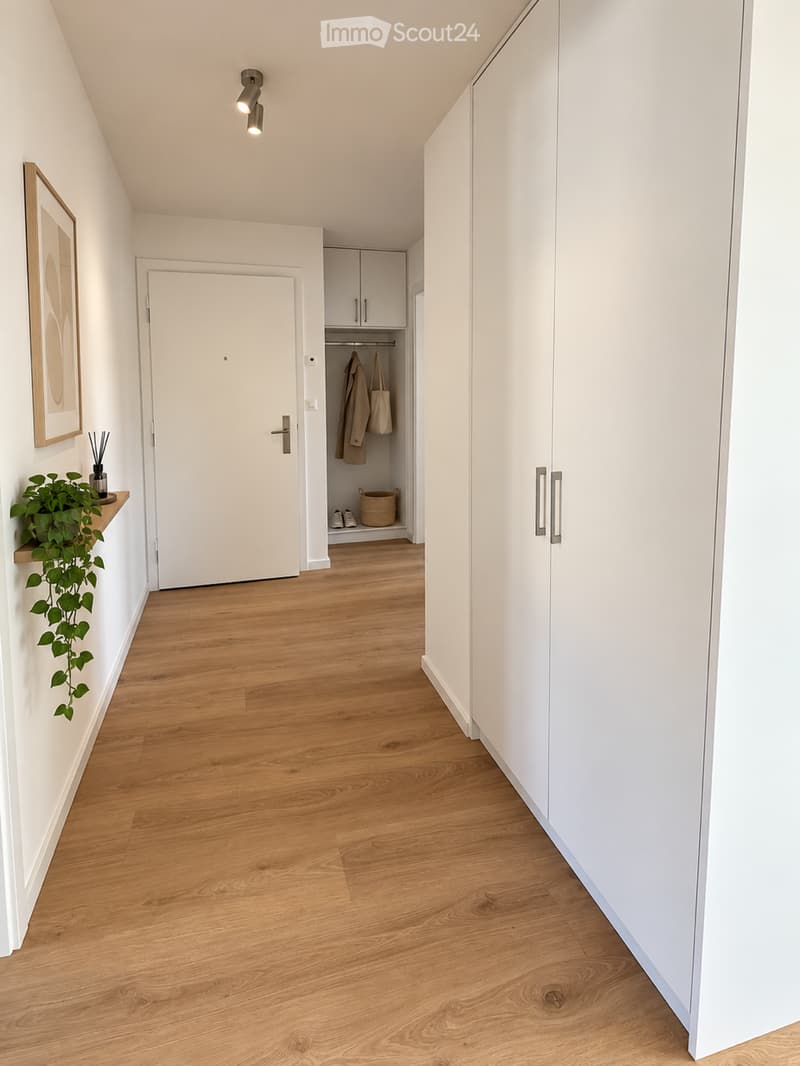 Modern hallway with light wooden flooring, white walls, built-in closet, and a small plant on a shelf.