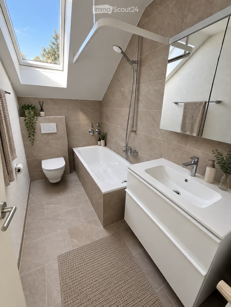 Modern bathroom with a bathtub, sink, toilet, mirror, and showerhead. Features include a skylight window, tiled walls, and a woven rug on the floor.