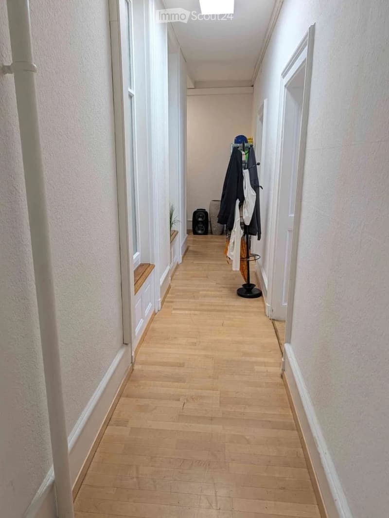 A long, narrow hallway with light wooden flooring and white walls. There are several doors on both sides, a coat rack with jackets and bags, and a small potted plant on a wooden shelf.