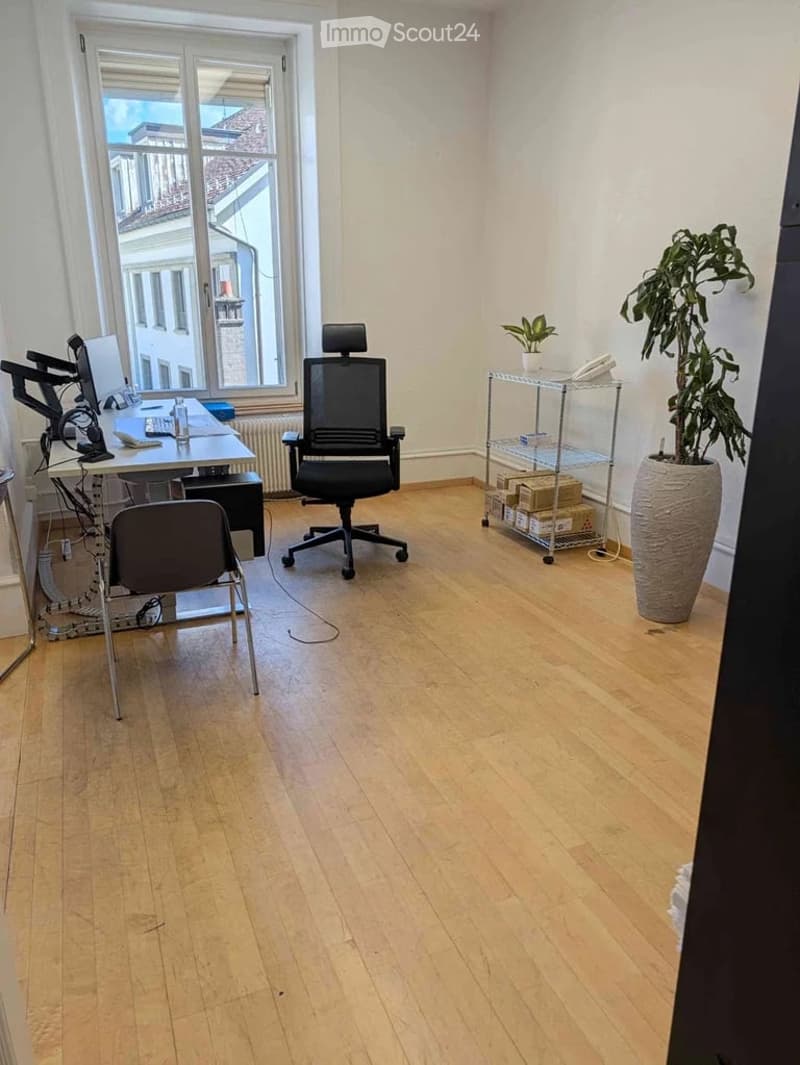 Office space with wooden flooring, large window, desk with computer, office chair, and potted plants.