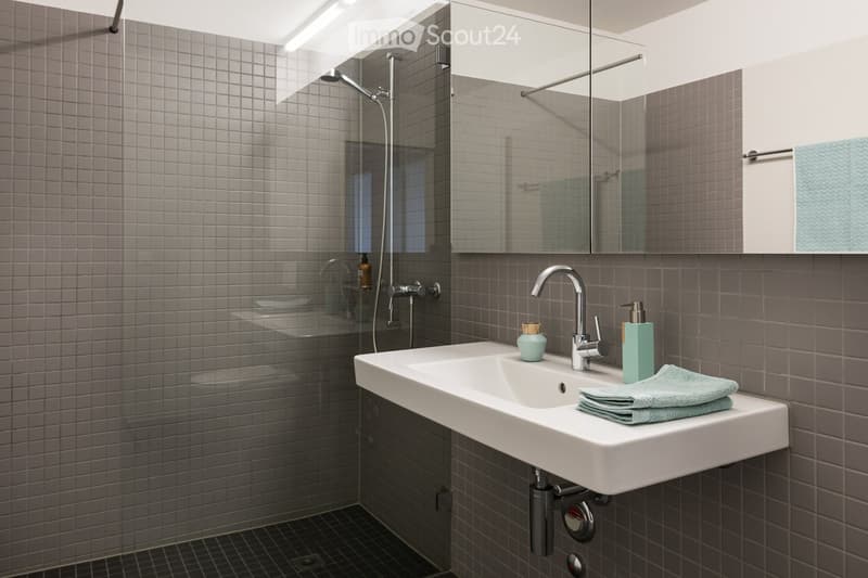 Modern bathroom with grey tiled walls, a white sink, a mirror cabinet, and a shower area with a glass enclosure.