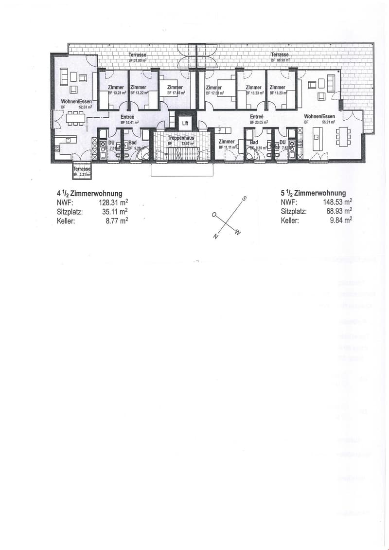Floor plan of two apartments: 4.5-room and 5.5-room, each with multiple rooms, bathrooms, entrances, and terraces.