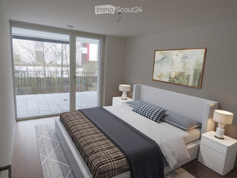 Modern bedroom with a large bed, nightstands, lamps, and a large window leading to a balcony.