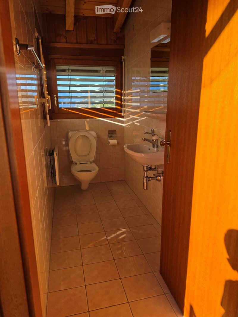 Modern bathroom with a toilet, sink, and window offering a scenic view. The room features tiled walls and floor, wooden trim, and natural light streaming in.