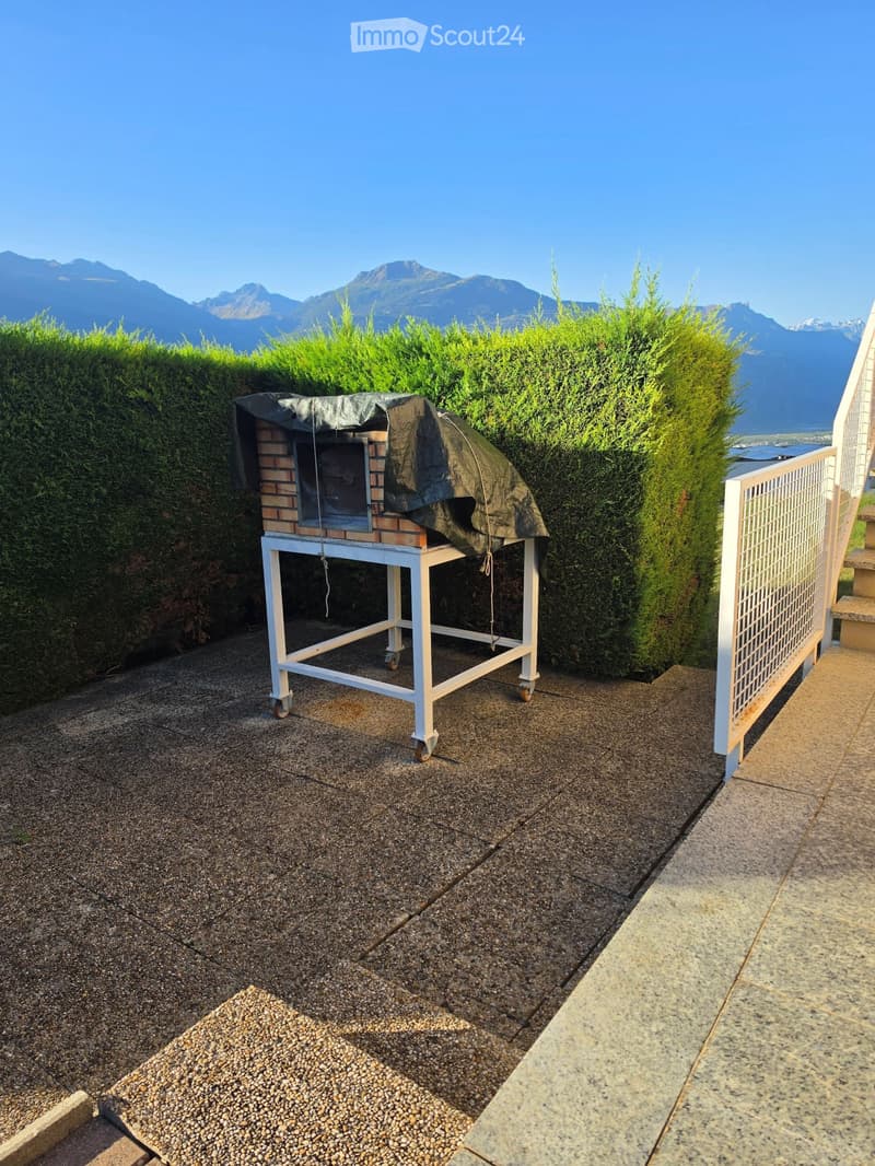 Outdoor patio with a covered barbecue, neatly trimmed hedges, and a scenic mountain view in the background.