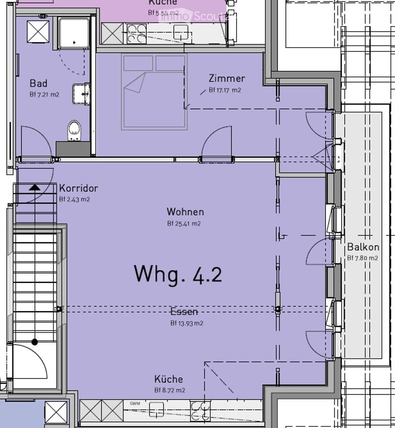 Floor plan of a 4.2 apartment with living room, kitchen, bedroom, bathroom, hallway, and balcony.