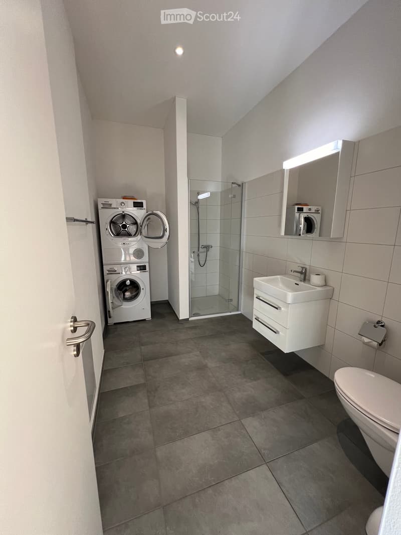 Modern bathroom with a white sink, toilet, glass-enclosed shower, and a stacked washer/dryer unit.