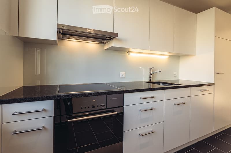 Modern kitchen with white cabinets, black countertops, stainless steel oven, sink, and range hood. Features built-in lighting and sleek design.