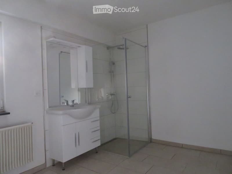 Modern bathroom with white tiled walls, a white sink cabinet with a mirror, and a glass-enclosed shower area.