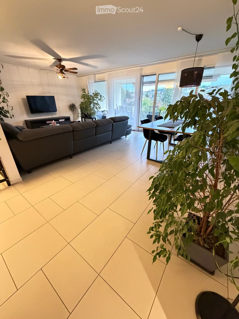 Modern living room with a grey sectional sofa, coffee table, dining table with chairs, TV, pendant lights, ceiling fan, and large windows offering a view.