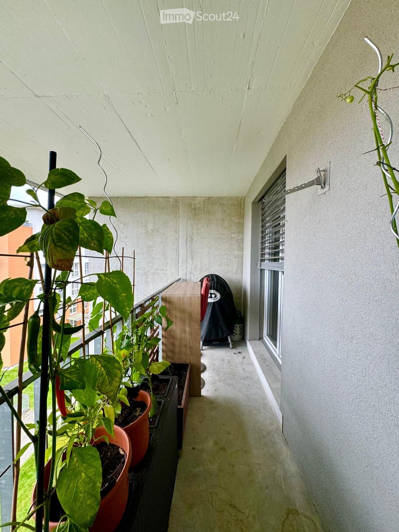 Balcony with potted plants, a small wooden table, and a covered grill in the corner.