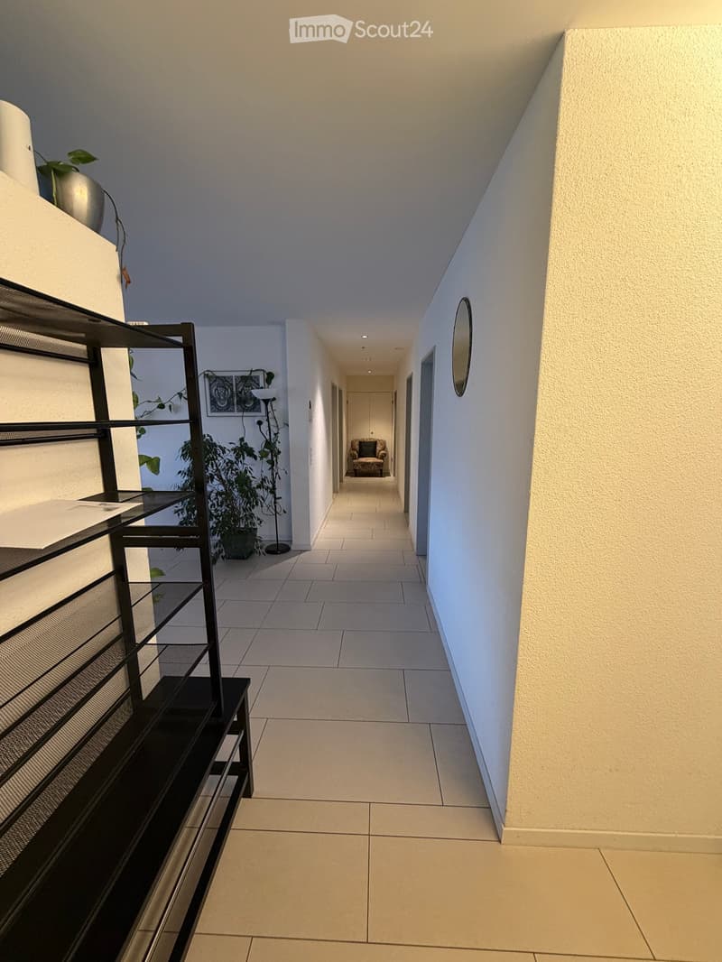 Modern hallway with tiled floor, white walls, and a black shelving unit on the left. A potted plant and a small armchair are visible in the background.