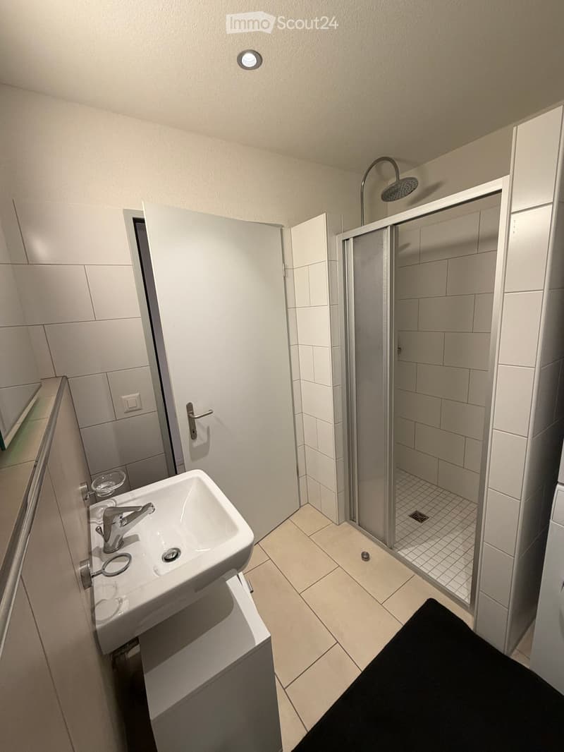 Modern bathroom with a white sink, mirror, and a glass-enclosed shower area. The floor is tiled, and the walls are white with a sleek design.