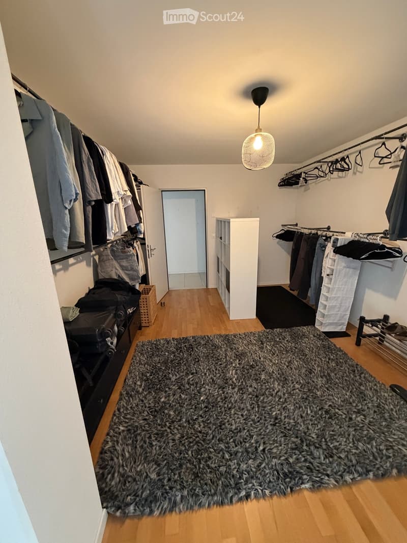 A well-organized walk-in closet with wooden flooring, a large shaggy rug, a hanging clothes rack, a shelf, and a pendant light.