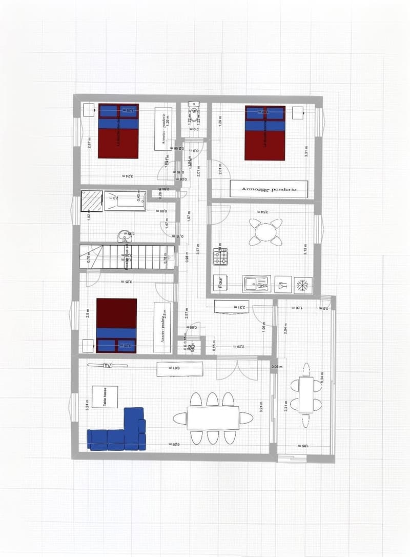 Floor plan of a multi-room apartment with living room, dining area, kitchen, bedrooms, and bathrooms. Includes dimensions and room labels.