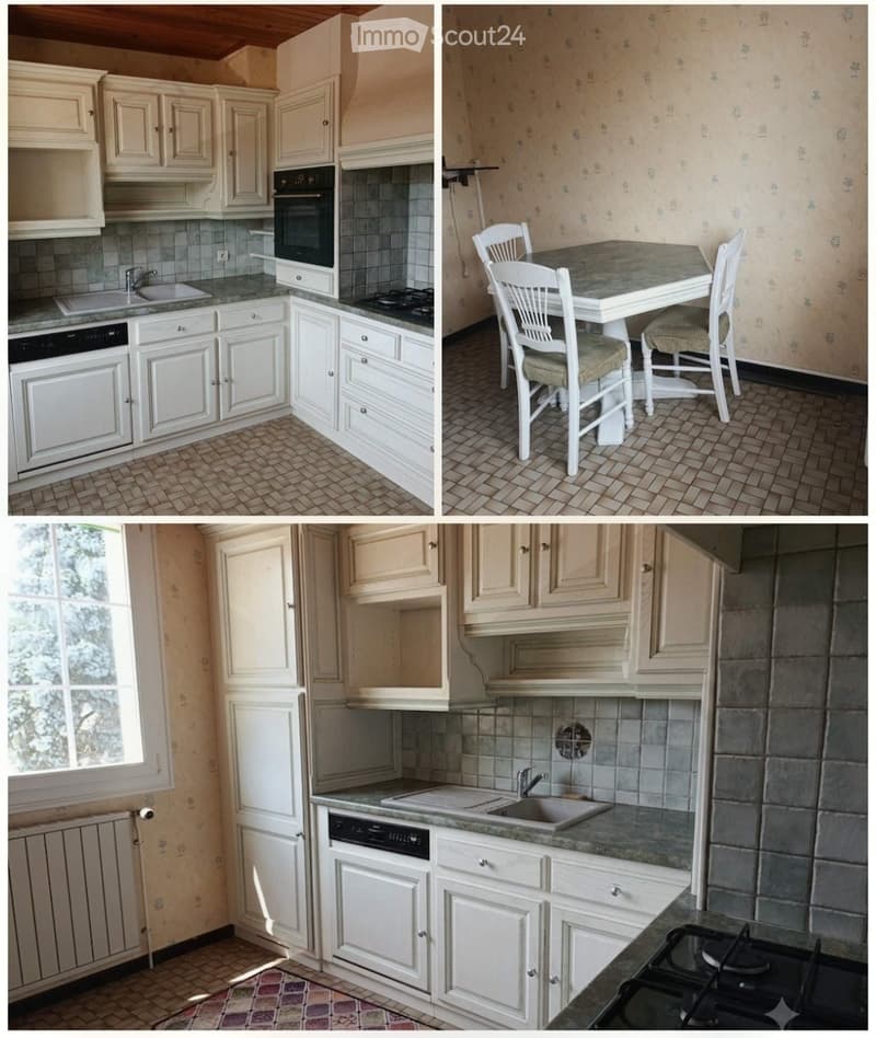 Three images show a kitchen with white cabinets, a sink, oven, dishwasher, and a small dining area with a table and chairs.