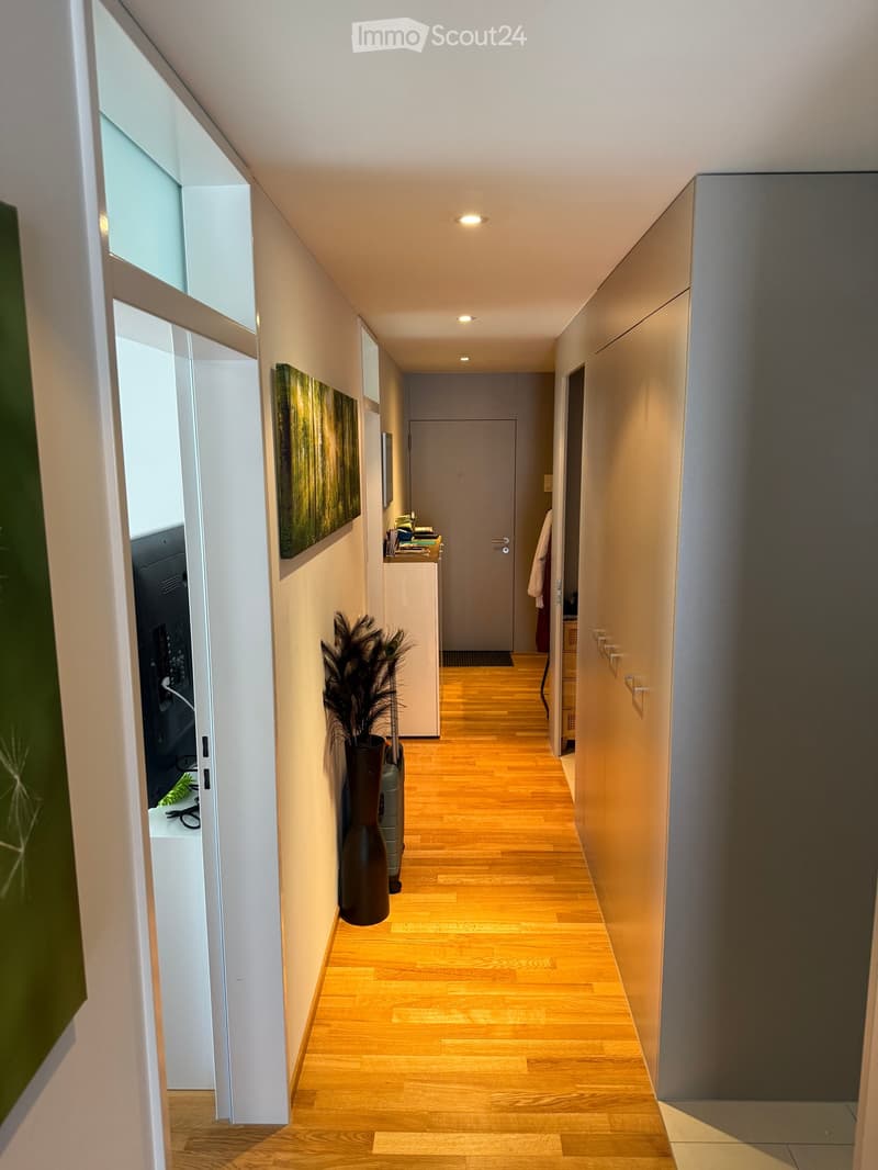 Modern hallway with wooden flooring, white walls, built-in cabinets, and a tall vase with a plant on the floor. A painting is visible on the wall, and a small table with items is near a closed door at the end of the corridor.