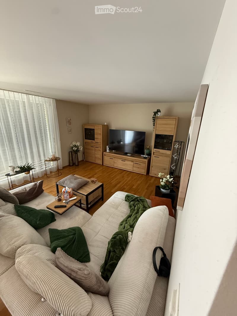 Modern living room with a large sofa, coffee table, television, side tables, and decorative items.