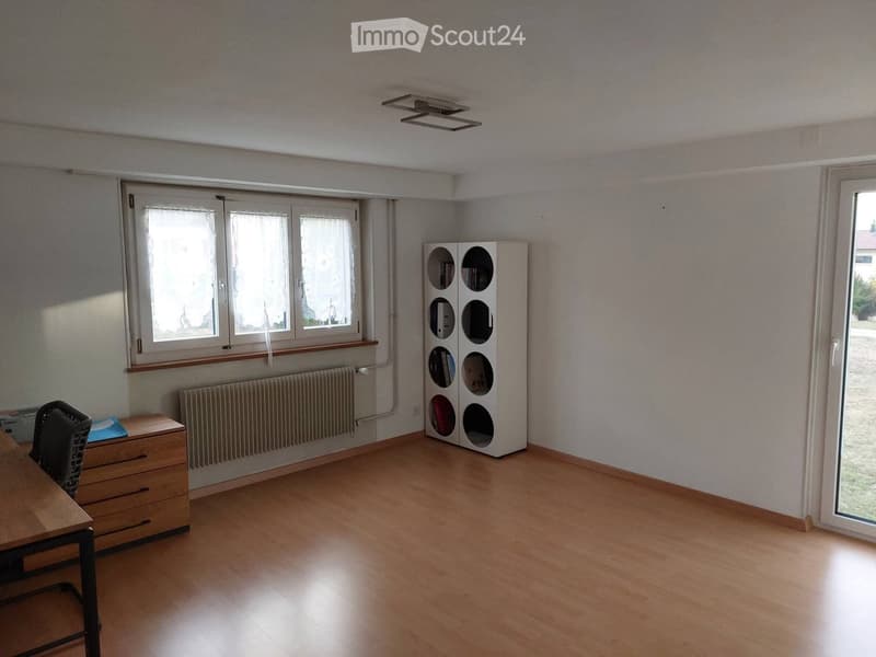 Bright room with wooden flooring, large windows, a white cabinet with circular cutouts, a wooden table with a chair, and a radiator under the window.