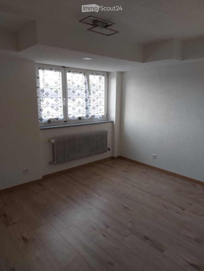 Empty room with wooden flooring, white walls, large window with patterned curtains, radiator, and ceiling light fixture.