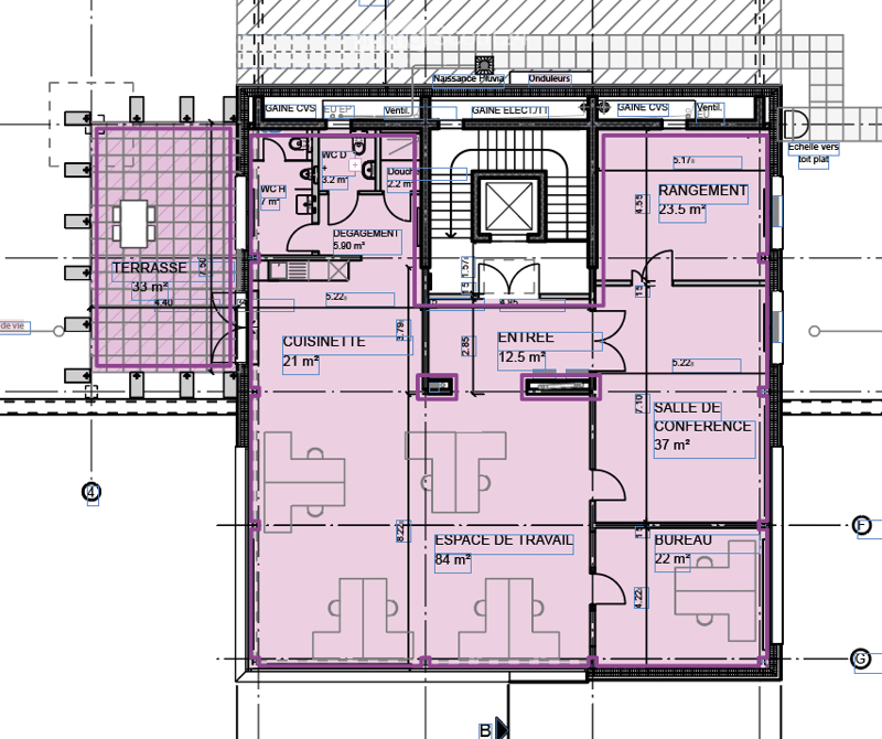 Floor plan of a multi-room space including a terrace, kitchenette, conference room, workspace, office, and entrance area.