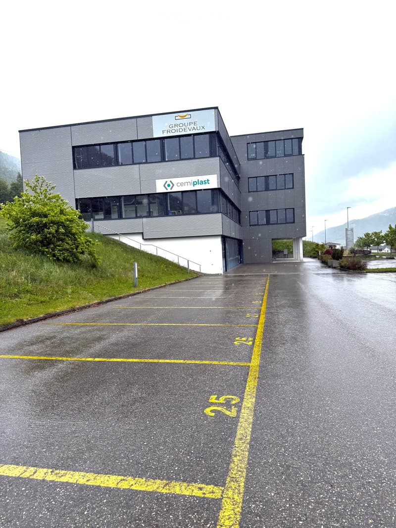 Modern two-story building with large windows and signage for "GROUPE FROIDEVAUX" and "cemiplast". The entrance features a raised ground floor with a grassy slope leading up to it. The parking area is wet, indicating recent rain.