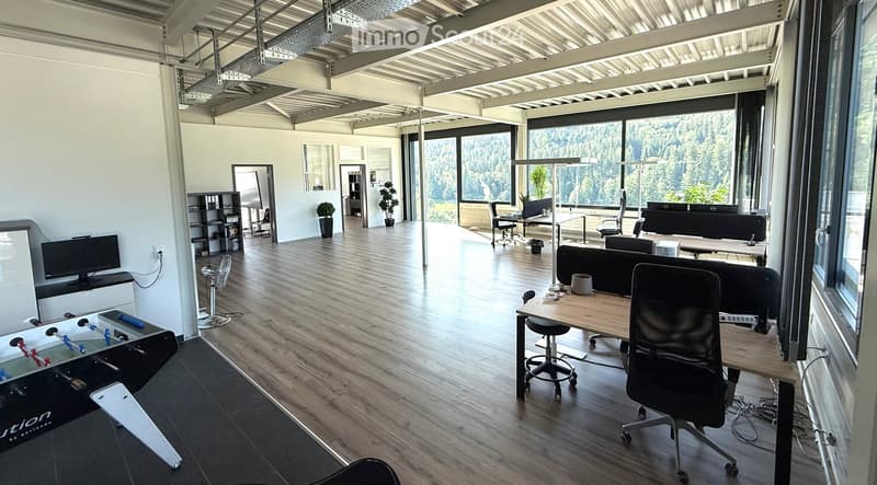 Modern office space with large windows, wooden flooring, desks, chairs, screens, a fan, potted plants, and a football table.