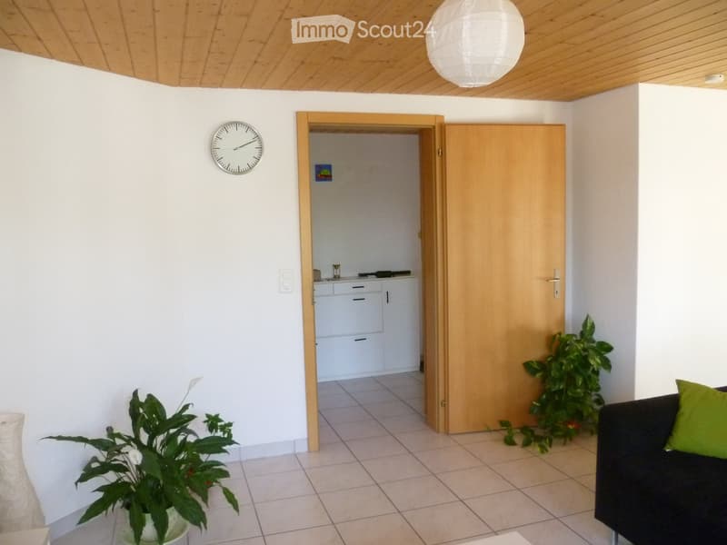 Bright living room with white walls, tiled floor, and wooden ceiling. Features a black sofa with green cushions, a potted plant, a wall clock, and an open doorway leading to a small kitchen area with white cabinets.