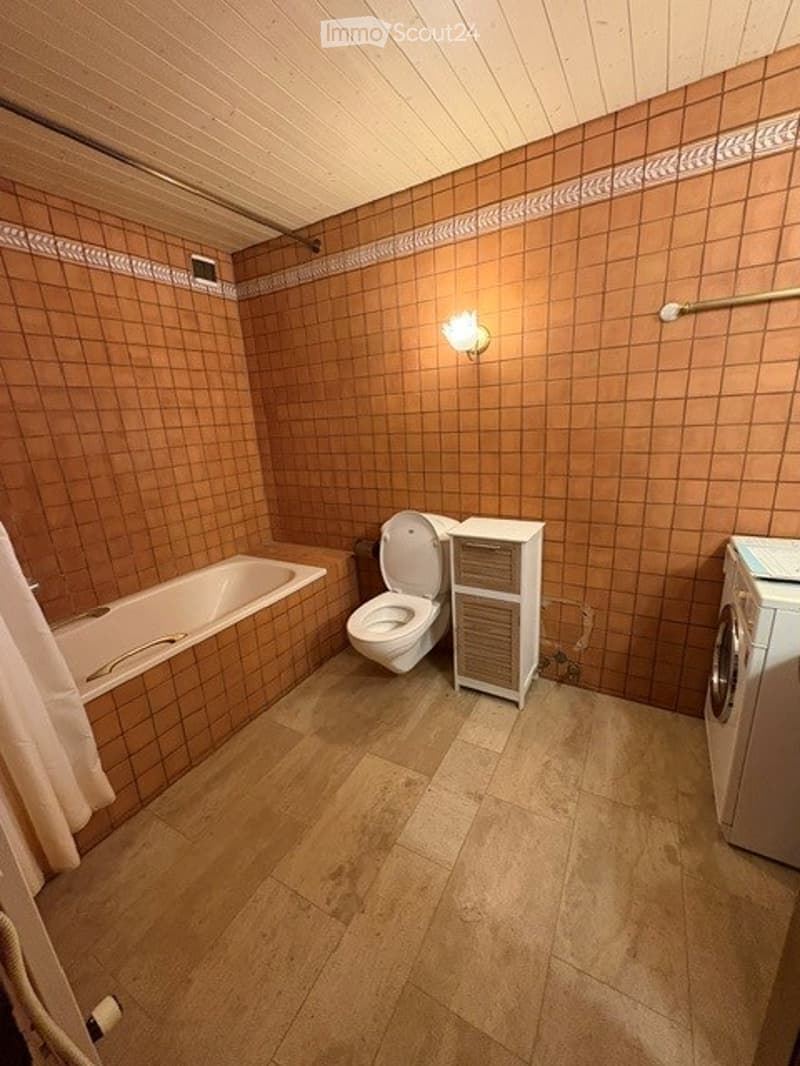 Bathroom with a bathtub, toilet, shower curtain, storage cabinet, and washing machine. The walls are tiled in a warm brown color, and the floor is wooden.