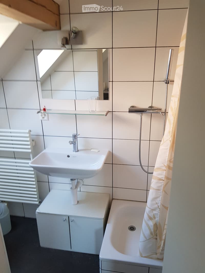 Compact white bathroom with sink, shower, and toilet area, mirror and small window, small white cabinet underneath the sink.
