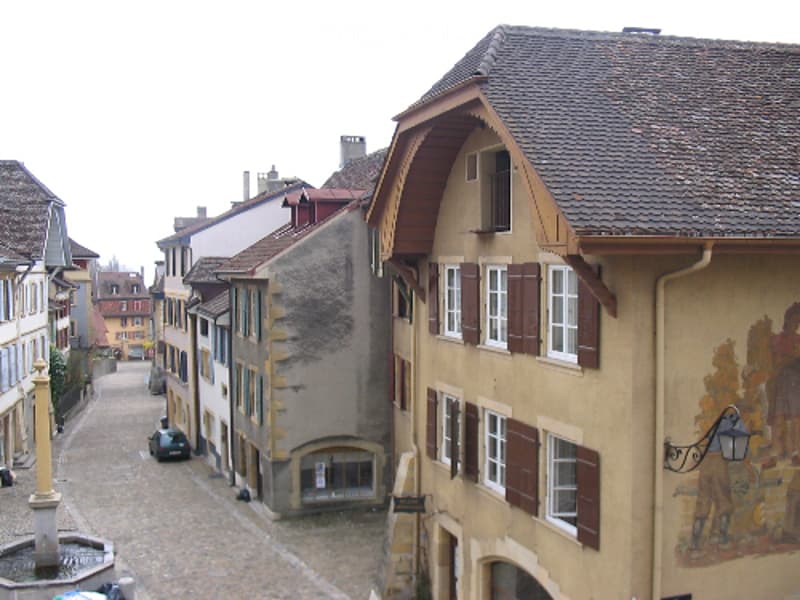 Historical architecture, narrow street, old buildings, vintage design, car parked