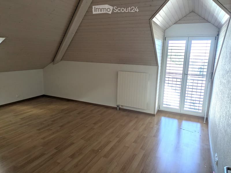 Empty attic room with wooden floors, white walls, and a skylight window. Features a radiator and a sliding glass door leading outside.
