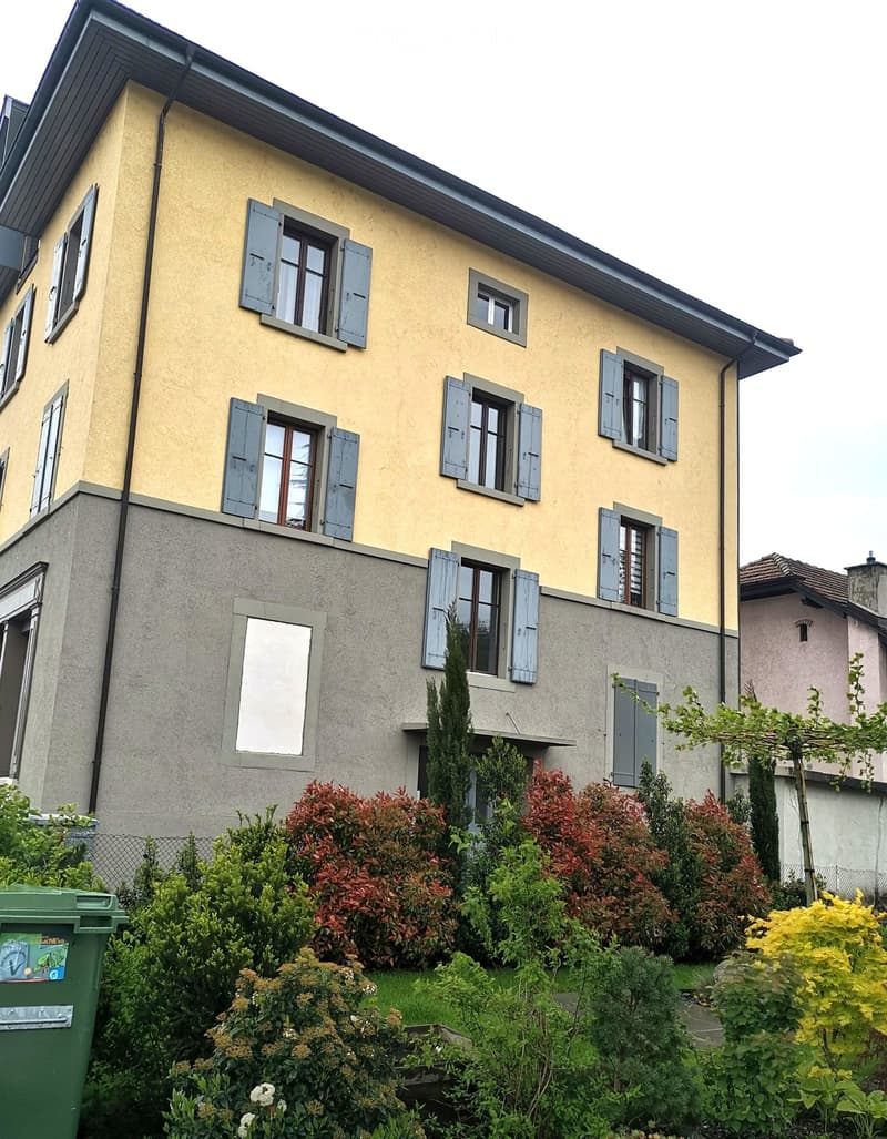 Two-story house with yellow facade, grey shutters, and multiple windows. The house has a well-maintained garden with various shrubs and trees in front.