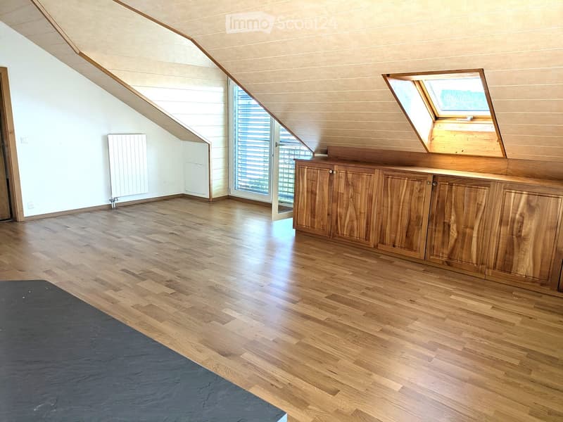 Empty attic room with wooden flooring, white walls, built-in wooden cabinetry, skylight window, and radiator.