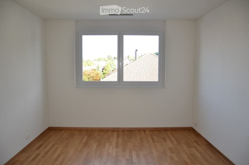 Empty room with light-colored walls and wooden flooring, featuring a large window with white frames offering a view of the outside.