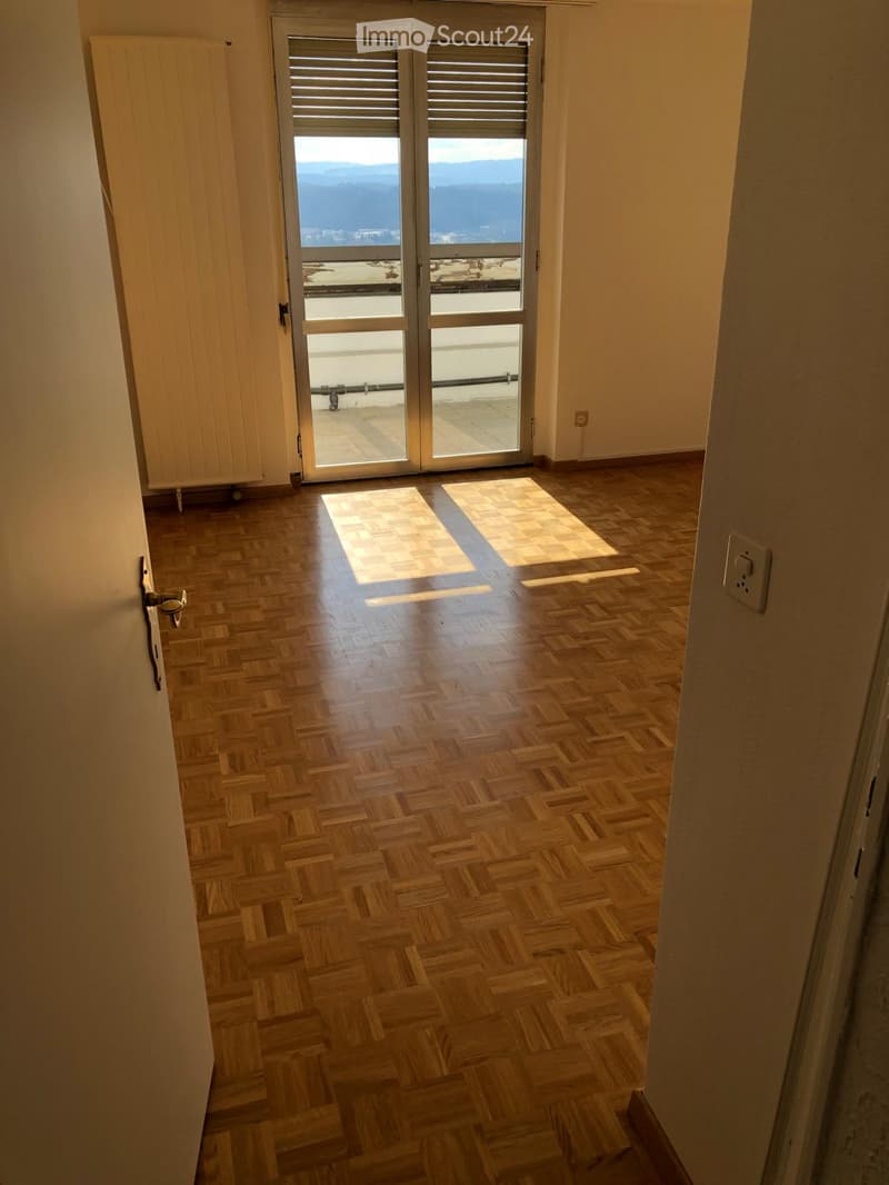 Empty hallway with wooden herringbone flooring, white walls, and a sliding glass door leading to a balcony with a scenic view.