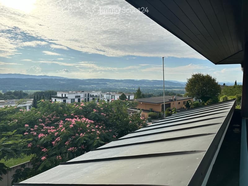 View from a balcony showing a scenic landscape with trees, houses, and distant hills under a partly cloudy sky.