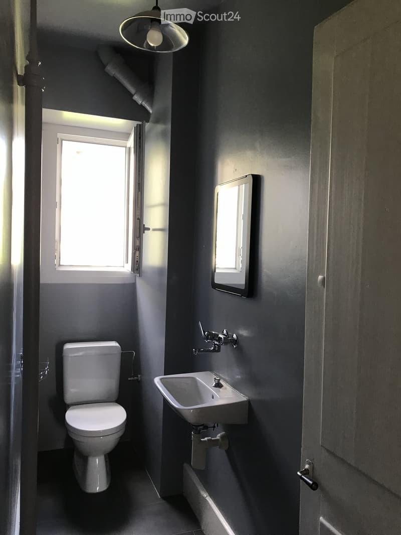 Modern bathroom with dark grey walls, white toilet, sink, and mirror. Features a window for natural light and a hanging light fixture.