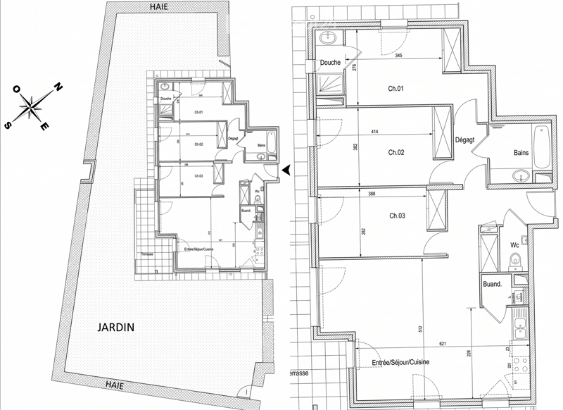 Floor plan of a house with three bedrooms (Ch.01, Ch.02, Ch.03), bathrooms (Douche, Bains, Wc), living/dining area (Entrée/Sejour/Cuisine), terrace, and garden.