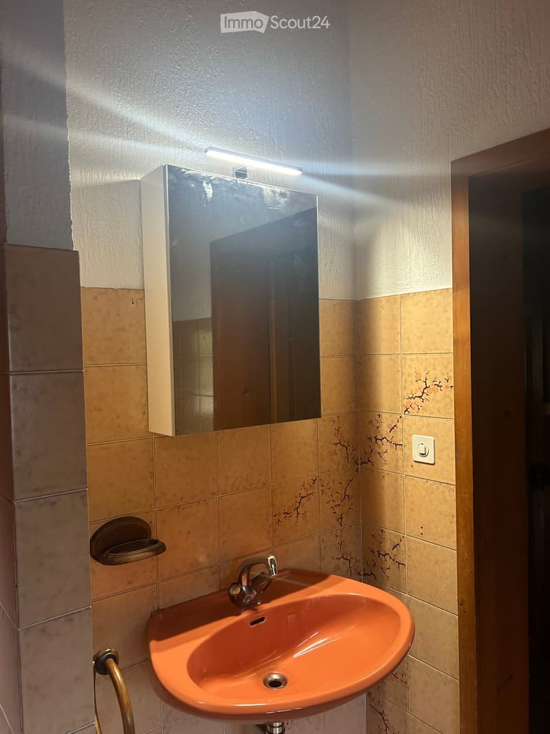 A small bathroom with a peach-colored sink, a mirror with a built-in light fixture, and beige tiled walls with subtle decorative patterns.